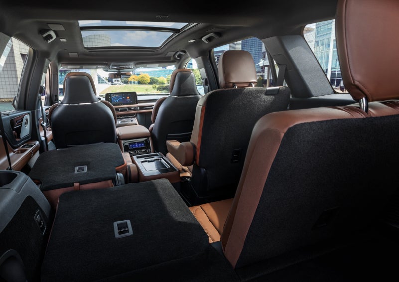 The interior of the 2025 Lincoln Aviator® SUV is shown with two seats folded down for added space. | North Park Lincoln in San Antonio TX