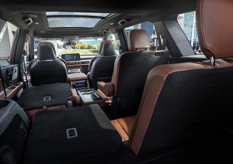The interior of the 2025 Lincoln Aviator® SUV is shown with two seats folded down for added space. | North Park Lincoln in San Antonio TX