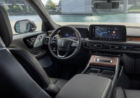 The interior of the 2025 Lincoln Aviator® SUV is shown parked with a view of a harbor through the windshield. | North Park Lincoln in San Antonio TX