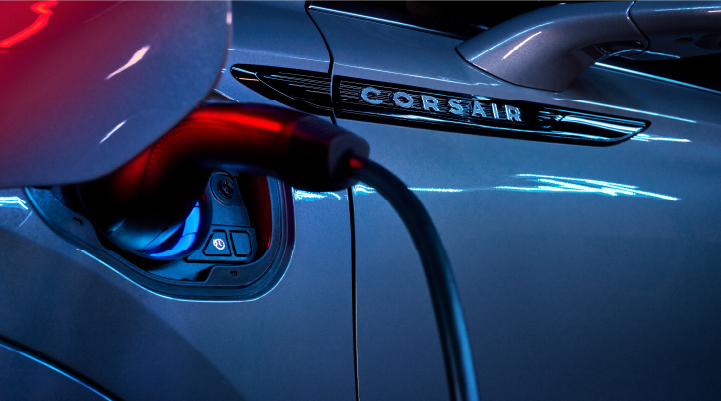 A charger plugged into the charging port of a 2025 Lincoln Corsair® Plug-in Hybrid model. | North Park Lincoln in San Antonio TX