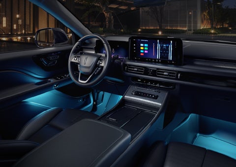 Deep blue Ambient Lighting glows from various places within a 2026 Lincoln Aviator® SUV. | North Park Lincoln in San Antonio TX