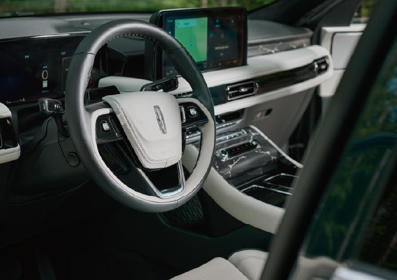 The leather-trimmed steering wheel of a 2027 Lincoln Aviator® Black Label™ SUV. | North Park Lincoln in San Antonio TX